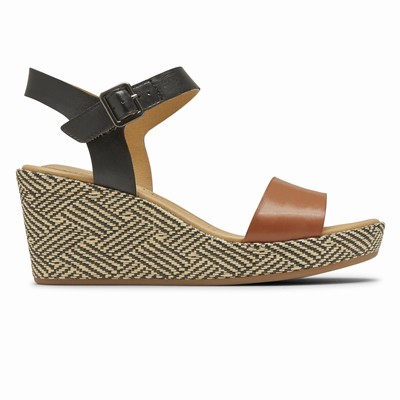 Rockport Lyla-Strap Wedges Damen Schwarz / Braun DQH-713604